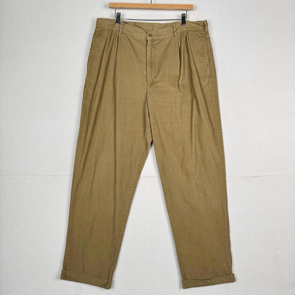 Vtg Lands' End Men’s Corduroy Fine Wale Pleated‎ Front Cuffed Pants Khaki  38X30